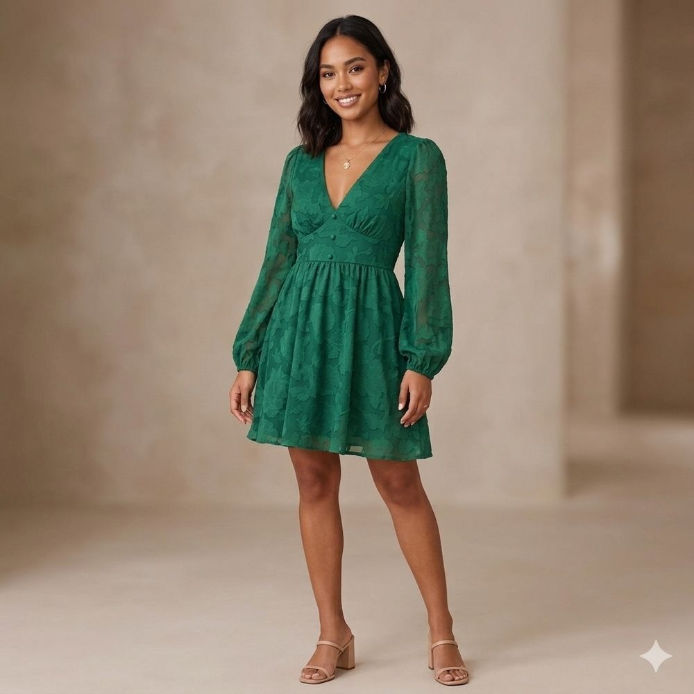 Cupshe Emerald Green Floral Burnout Mini Dress | Long Sleeve V-Neck | Size M